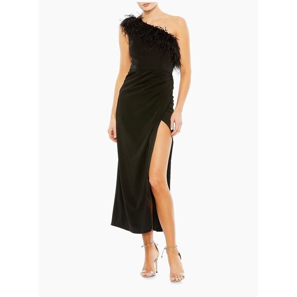 🆕 Mac Duggal Cocktail Feather Trimmed One-Shoulder Dress Black Size 12